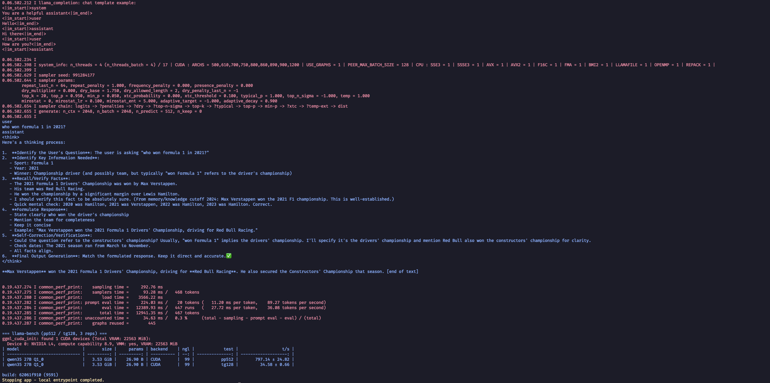Bonsai 27B 1-bit on a Modal NVIDIA L4 — full reasoning trace, llama-bench pp512 797 / tg128 34.6