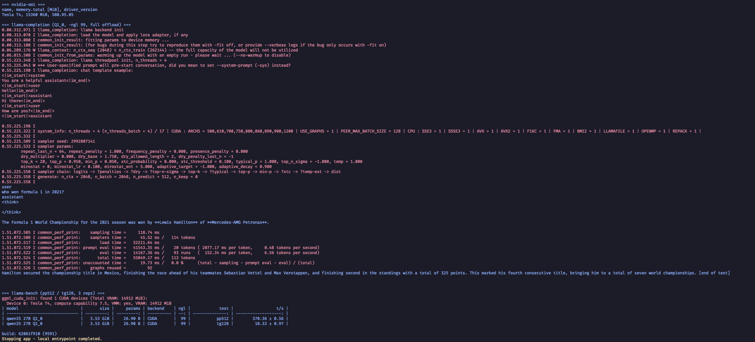 Bonsai 27B 1-bit on a Modal NVIDIA T4 — nvidia-smi, llama-completion, and llama-bench pp512 370 / tg128 18.3